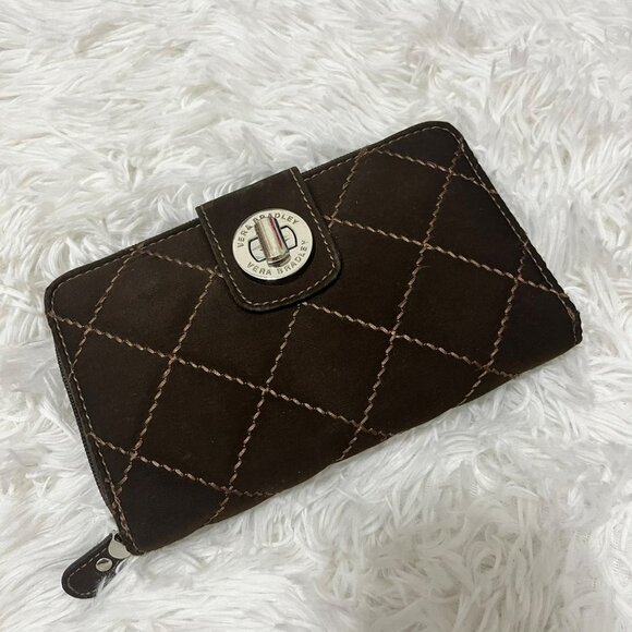 VERA BRADLEY BROWN WALLET TURNLOCK CLOSURE ZIP AROUND CLUTCH VB QUILTED TURN LOC - Picture 1 of 7